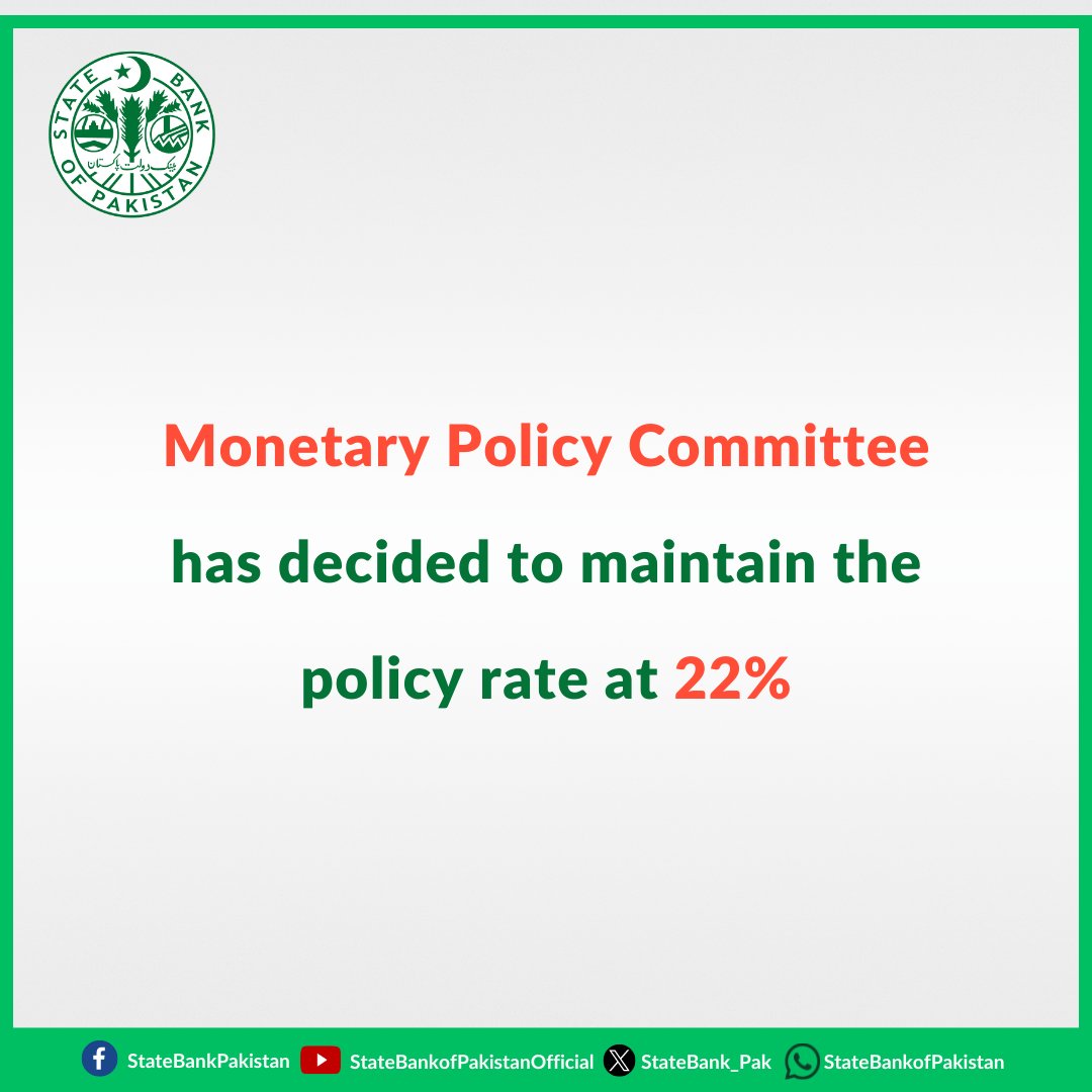 1/3 زری پالیسی کمیٹی (ایم پی سی) نے اپنے آج کے اجلاس میں پالیسی ریٹ کو 22فیصد پر برقرار رکھنے کا فیصلہ کیا۔