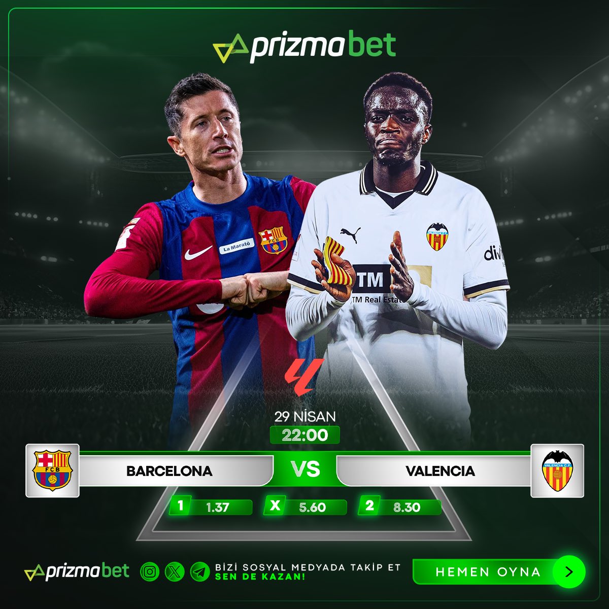 👑La Liga’da haftanın kapanış karşılaşmasında Barcelona ve Valencia karşılaşacak… 🦾En yüksek yüzdeler ve avantajlı promosyonları ile bu heyecan Prizmabet’te yaşanacak ! 👇 prizmabet527.com