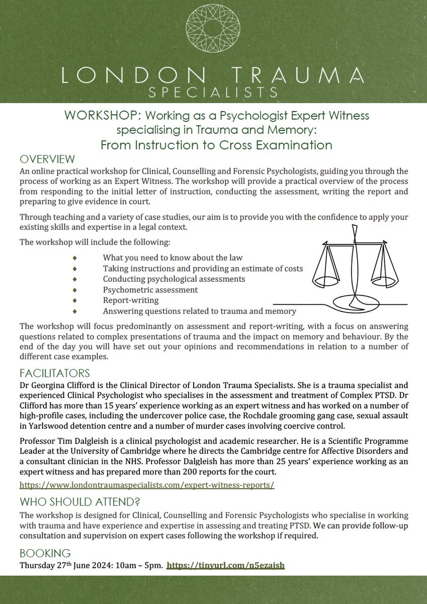 @TimDalgleish and I are running a workshop on working as a psychologist expert witness. The workshop will guide you through the practicalities of taking instruction from solicitors, conducting the assessment and writing the report. Booking details in comments 1/3