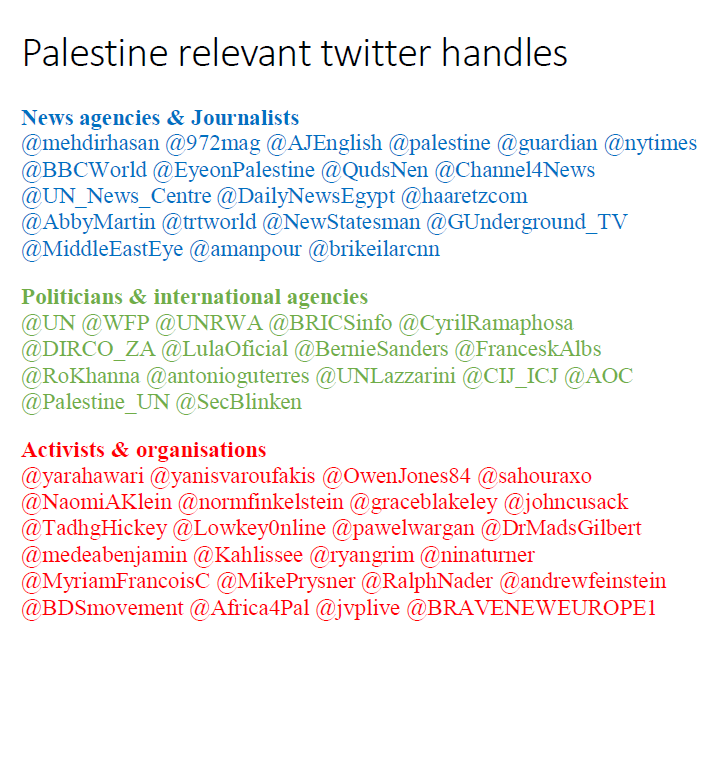 I have collected an admittedly incomplete list of prominent activists, journalists, politicians, &international institutions that may assist people advocating for justice in #Palestine. Feel free to add. For ease of reference most individual handles are repeated in the thread.
