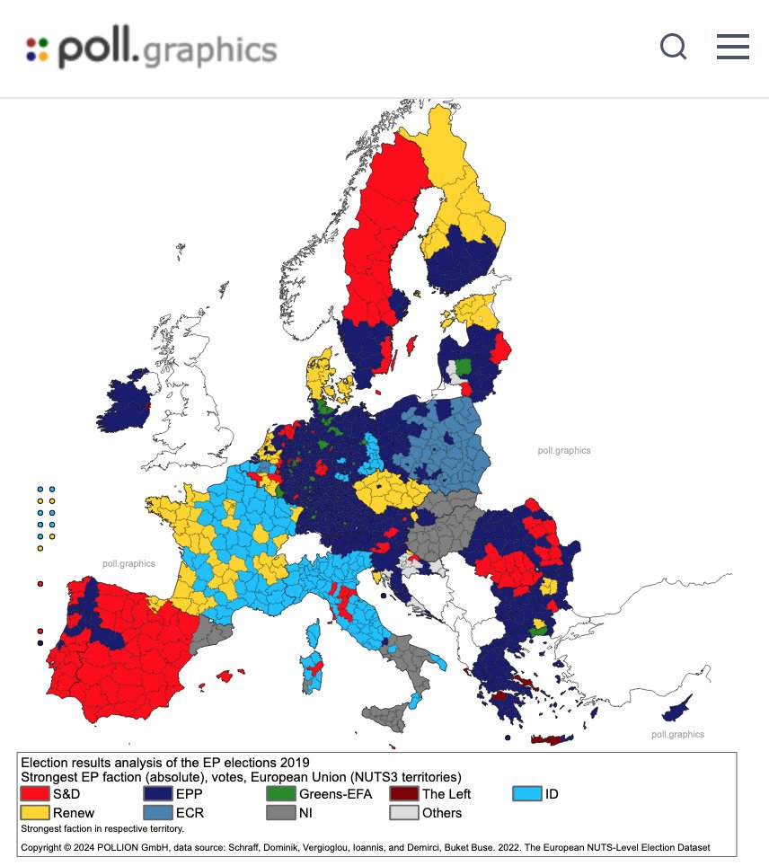 Results analysis of the #EuropeanElections2019 🧵: Strongest EP faction / party family (NUTS3 territories) #pollgraphics #EuropeanElections2024 /1