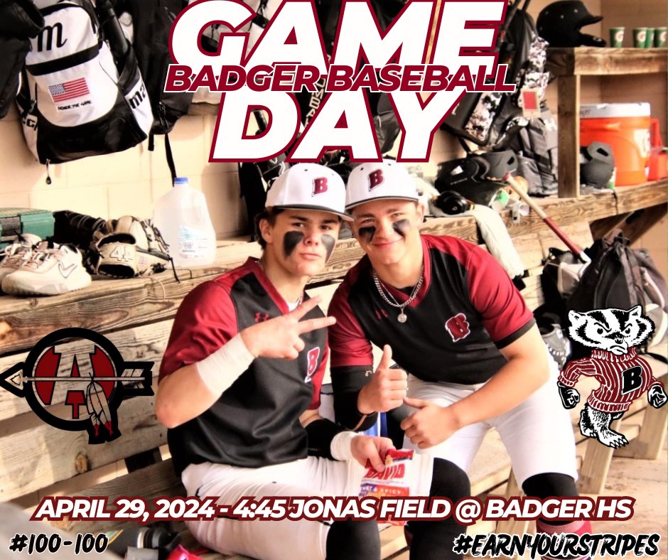Let's Go!!!
It's Badger Baseball Game Day 🦡⚾️
#100-100 #earnyourstripes 
🆚 Antioch Sequoits
🗓️ April 29, 2024
⏰ 4:45 Varsity - @ Jonas Field - Badger HS
       4:45 - JV1 - @ Antioch HS - Varsity Field
       4:45 - JV2 - @ Antioch HS - Freshman Field
@SLC_Wi
@lgbadger