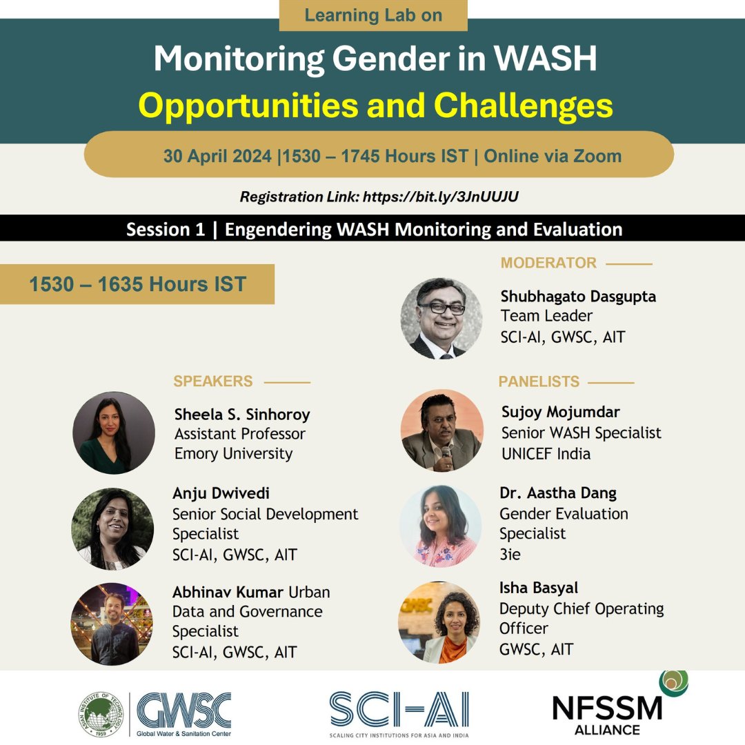 📢 Join 3ie Evaluation Specialist Aastha Dang to discuss challenges and opportunities in improving monitoring of gender outcomes in WASH at session hosted by Global Water and Sanitation Centre @AITAsia & @NFSSMalliance. 🗓️ 30 April 🕞 3.30pm IST Register👉🏾bit.ly/3JnUUJU