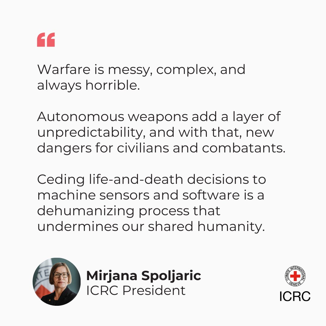 Today at the Vienna Conference on Autonomous Weapons we call for new, legally binding international rules, to prohibit those autonomous weapon systems that pose the gravest risk for IHL compliance and our values, and to place strict constraints on all others 👇🏽