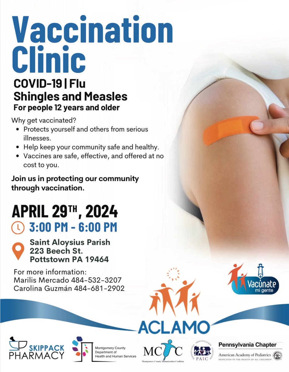 Today, ACLAMO and partners are hosting a Vaccine Clinic at Saint Aloysius Parish in Pottstown!