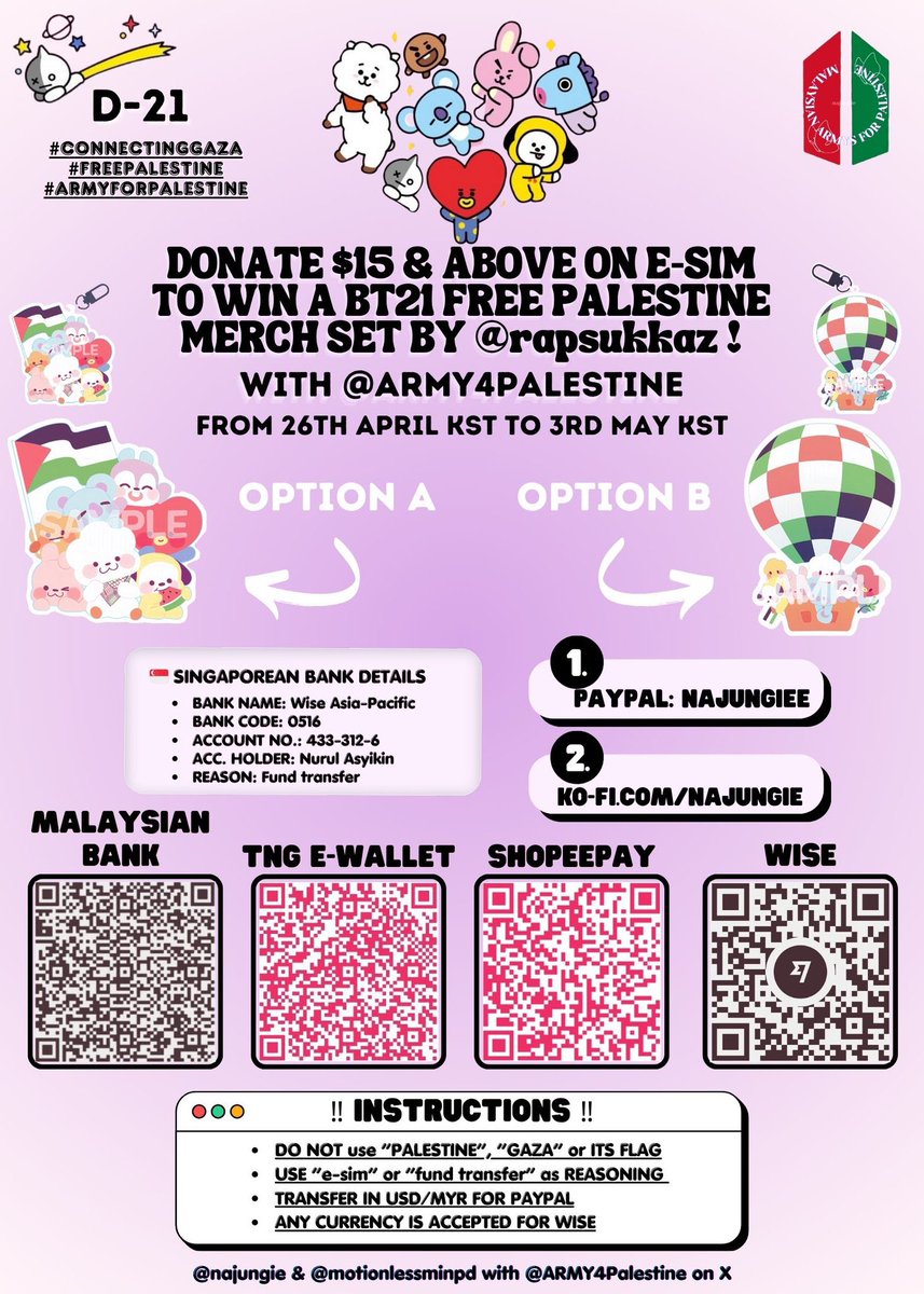 🚨ARMY, don’t forget we have until May 3d for this campaign! This weeks e-sim campaign with @najungie & @motionlessminpd is even more exciting!! If you donate $15 and above you will have the chance to win a BT21 Free Palestine merch set made by the talented @rapsukkaz ! The…