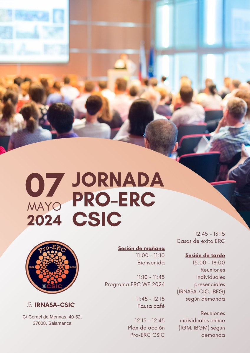 Jornada #Pro_ERC en #CyL para promover la participación en @ERC_Research y conocer por #API_VRI las ayudas con las que cuenta el personal #investigador. Aquí os dejamos el programa 👇🏽 📅El próximo 07/05 📍En el @irnasa_csic en #Salamanca 🚨Plazo de inscripción hasta 02/05