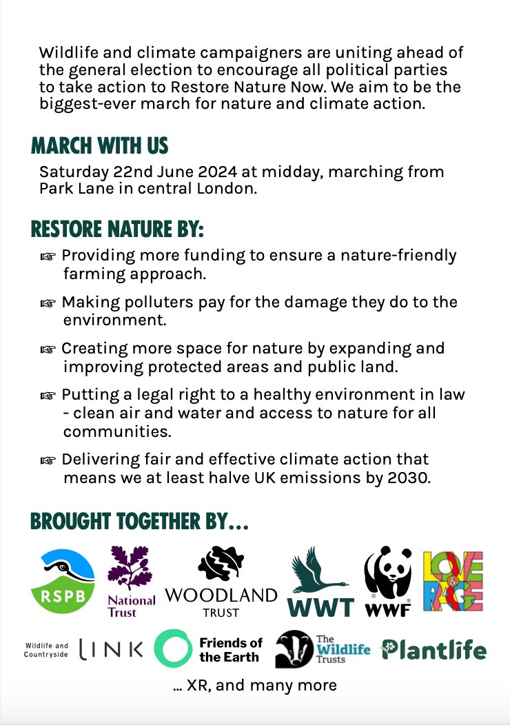 Join XR and many, many others for the #RestoreNatureNow march on June 22nd to make our demands for nature. - A pay-rise to nature conservation - Make polluters pay - More space for nature - A right to a healthy environment - Fair and effective climate action.