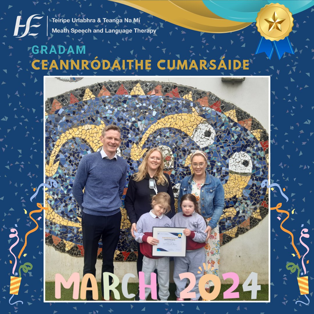 We had the pleasure of presenting the March Gradam Ceannródaithe Cumarsáide to @SkryneSchool. We were warmly welcomed by Freya and Nicole, as well as Mr. Brennan, Ms. Girard and Bn. Uí Raghallaigh. 1/2

#Communication #Inclusion #Accessibility #LamhHello #TotalCommunication #SLT