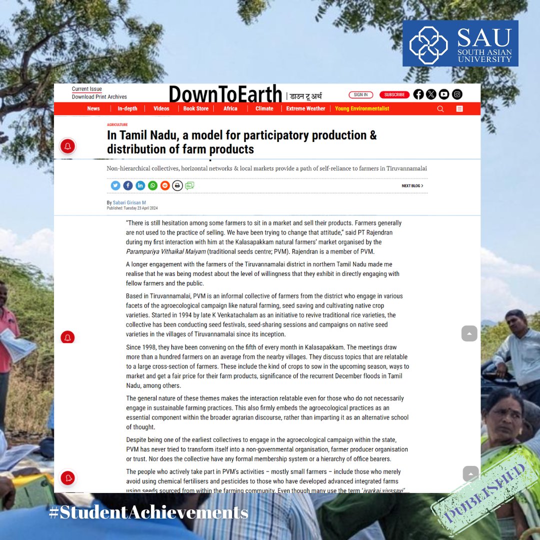 Sabari Girisan, PhD Scholar in the Department of Sociology, FSS, has published an article in Down To Earth, a prominent environmental affairs newsletter. #KnowledgeWithoutBorders #SAARC #SouthAsia #Sociology #PhDSchoar #SAUPublishes The link to the piece is