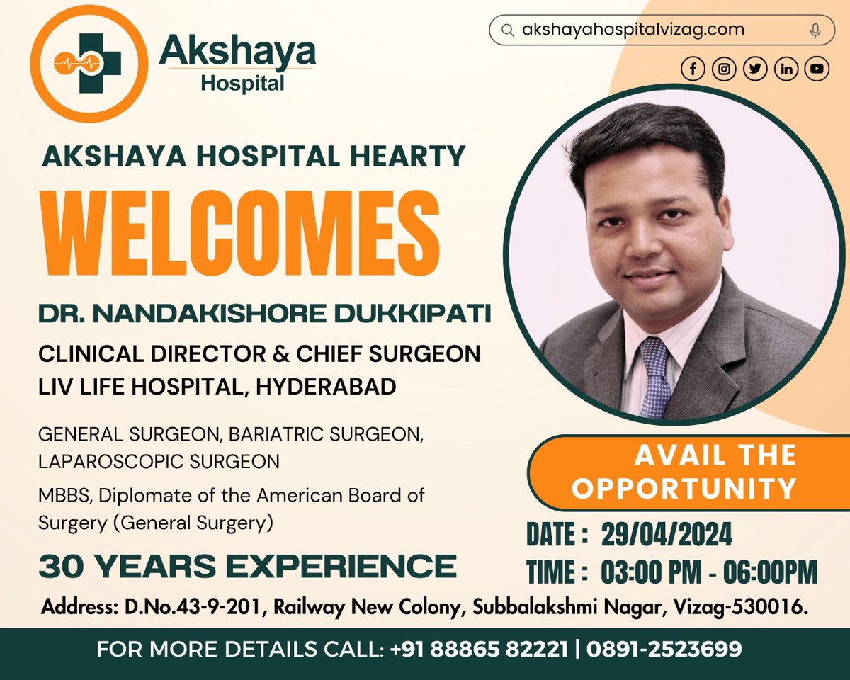 We are thrilled to extend our warmest welcome to our new doctor, DR. NANDAKISHORE DUKKIPATI, our Consultant General Physician, we are committed to providing comprehensive healthcare services.

#AkshayaHospital #BestMutispecialityHospital #BariatricSurgery #LaparoscopicSurgery
