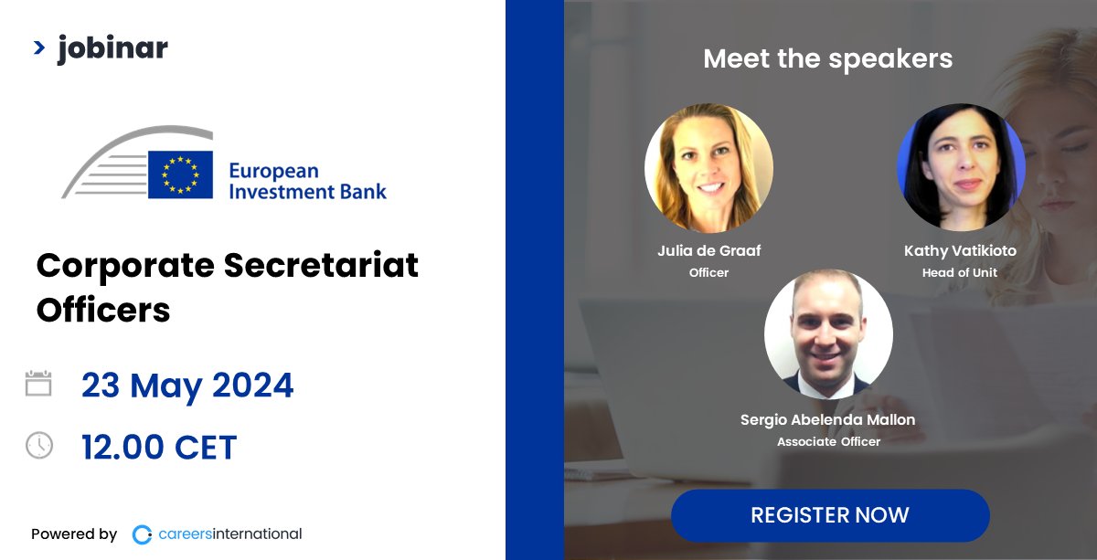 Meet the panel of speakers from the @EIB's Shareholding Relationships Division. They will share their insights into the Governance at the Bank and answer your questions live. To hear what they have to say, register here eiblux32.jobinar.com #governance #ethics #law #finance