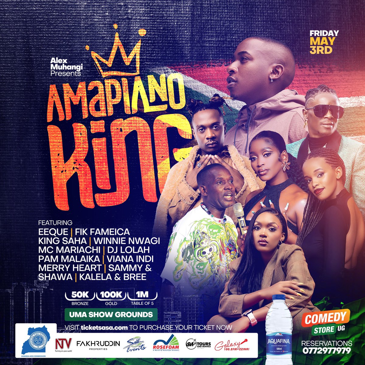 This Friday The Amapiano King @EeQueTheDreama will be performing Live at UMA alongside @kingsaha256 @FIKFAMEICA @WinnieNwagi #Mc Mariachi @vianaindi1 @PamMalaika @merryheartcomedy @sammieandshawa and many others. @ComedyStoreUG 
Powered by @smptoursandtravelsltd @AquafinaUganda…