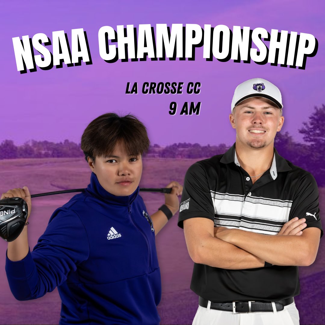 🏌️‍♀️GAMEDAY🏌️‍♂️

 Bellevue women’s and men’s golf team 
At 
NSAA CHAMPIONSHIP 

📍- Onalaska, Wis. 

⛳️ - La Crosse CC

⌚️- 9 AM 

📊- no live scoring 

#NAIAWGolf  #Gameday #NSAAWGolf #BUBruins #NAIAMGolf #NSAAMGolf