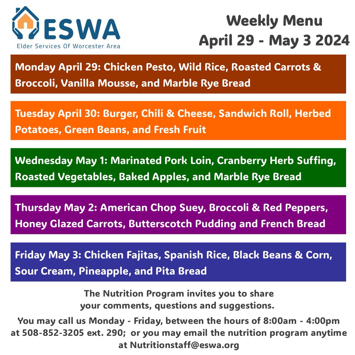 Here's the menu for this week, Monday, April 29 -Friday, May 3, 2024. What are you looking forward to eating?

Please note menu is subject to change. 
#MealsOnWheels #WorcesterMA #CentralMass