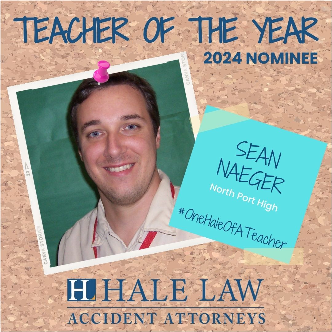 Meet Mr. Sean Naeger, a dedicated biology teacher at North Port High School!🔬🌱 

Don't forget to vote once a day at halelaw.com/vote-for-a-tea… until noon on 5/10/24! #OneHaleOfATeacher #TeacherOfTheYear