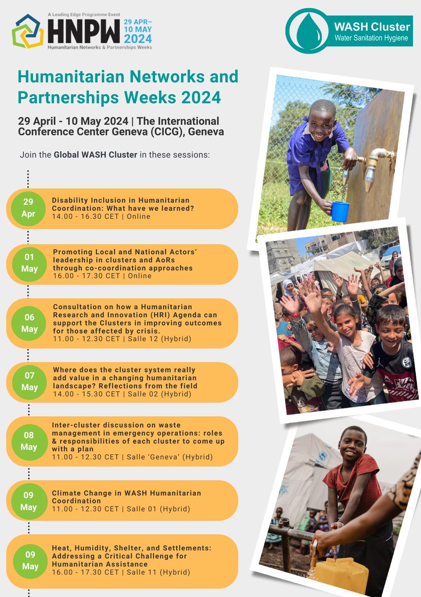 📣 The GWC will be at the Humanitarian Networks & Partnerships Weeks 2024, beginning today in Geneva! Listen to our colleagues on humanitarian #WASH coordination & response as they join the panel from 29 Apr-10 May. Register here 👉 bit.ly/3wfrScB