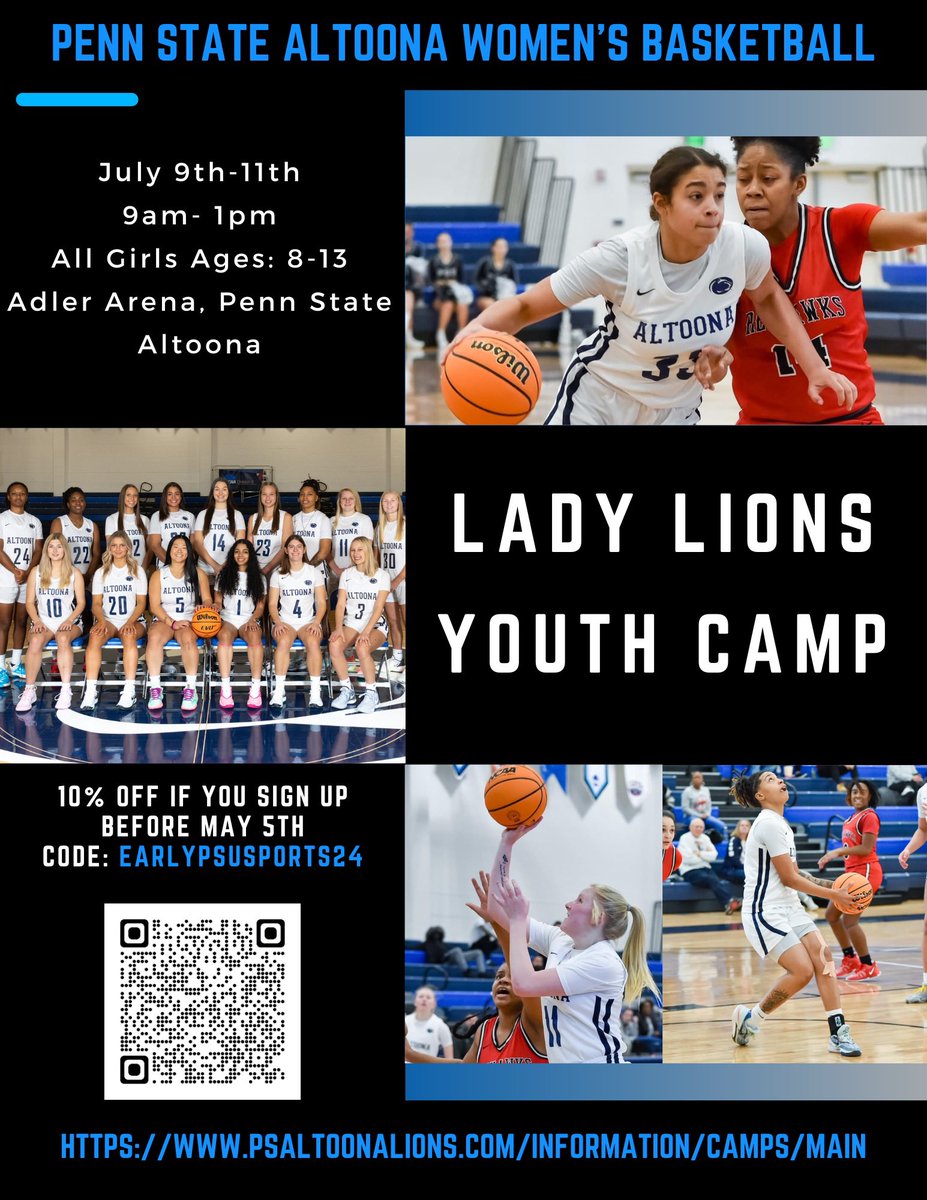 Good morning! We are excited to be having our summer basketball camp at Penn State Altoona July 9th-11th. The link is below- you can also scan the QR code to sign up. If you sign up before May 5th you can get a 10% discount! 

register.outreach.psu.edu/search/publicC…