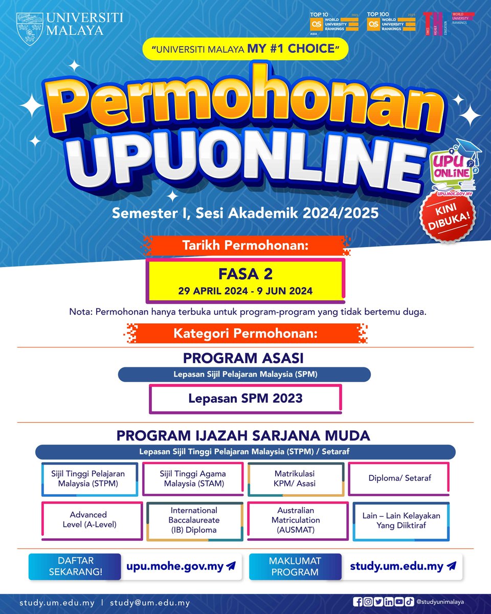 Phase 2 of UPUOnline Application is now OPEN! With over 70 programmes, from sciences to humanities, business to technology, we cater to all passions. Apply now at upu.mohe.gov.my. Explore our programmes at study.um.edu.my. Make Universiti Malaya YOUR UNIVERSITY!