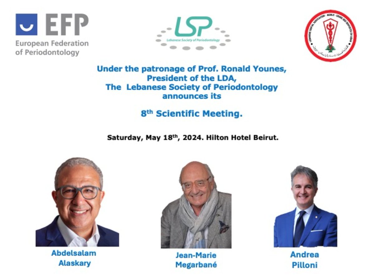 The 8th Scientific Meeting of the Lebanese perio society will take place on 18 May in Beirut - Abdelsalm Alaskary, Andrea Pilloni, and Jean Marie Megarbane will be the speakers. #EFPerio #periodontology
tinyurl.com/bd7n6te5