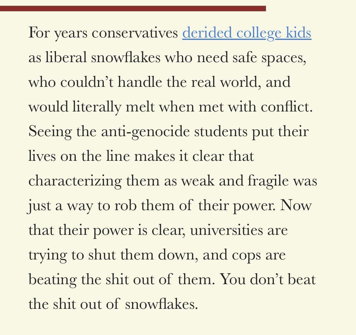 New: After observing the campus protests for the past week or so, one thing is clear—the only rioters are the cops and the administrators. I wrote about their fear of student power: thehandbasket.co/p/cops-college…