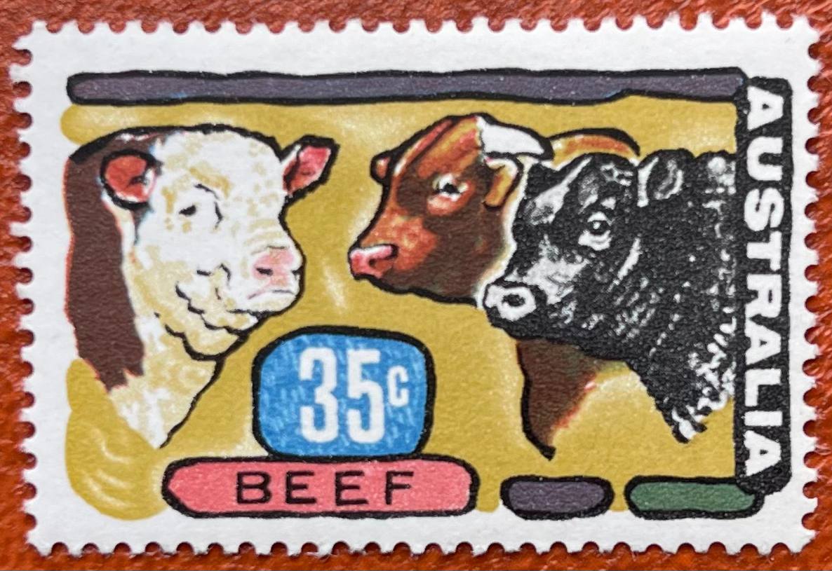 Stamp with cattle (bulls). Australia 🇦🇺 1972. #Australia #stamps #cows #philately #cattle #bull #beef #Hereford #Angus