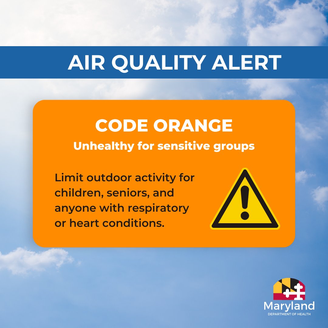 🟠@MDEnvironment has issued a Code ORANGE Air Quality Alert today for parts of the state. Air pollution is unhealthy for sensitive groups such as children, seniors & those with respiratory or heart conditions. Avoid strenuous activity outdoors. Learn more: bit.ly/3NhcQJ6