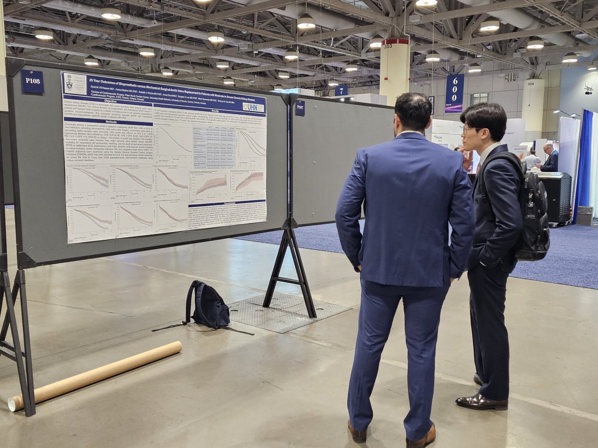 As you progress along the poster walls, listen to Dr. @S_M_AliHassan @UofTCVsurgery present his work on the 25-year outcomes of bioprosthetic vs. mechanical #SAVR in patients with moderate/severe #CKD. #AATS2024