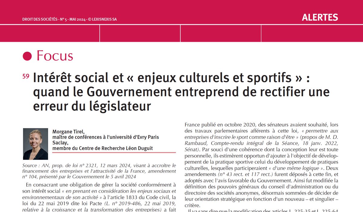 A lire au dernier numéro de la revue Droit des sociétés, mes  observations sur l'amendement relatif à l'intérêt social déposé par le  gouvernement dans le cadre de la proposition de loi 'Attractivité' #Intérêtsocial #EnjeuxCulturelsetSportifs