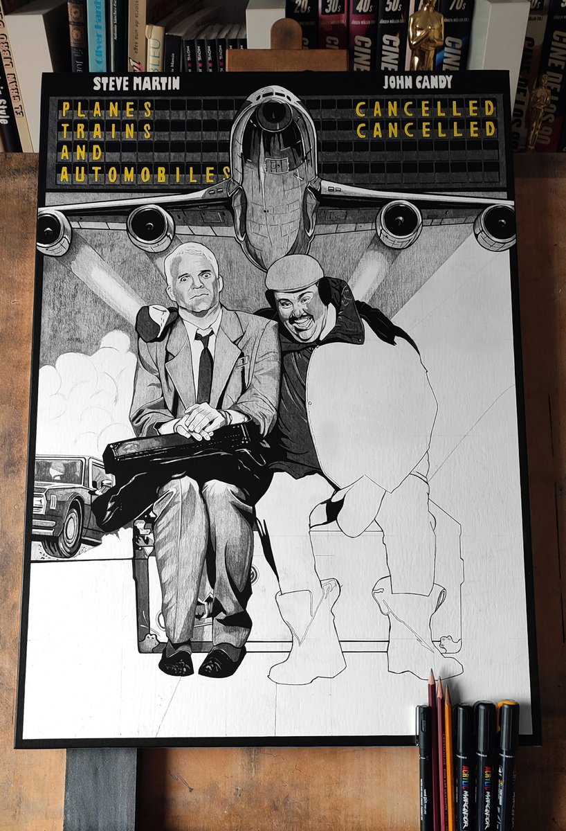 🔥New work in progress 'Plains, Trains and Automobiles' (1987) by John Hughes 
'Tribute to John Candy' 
🎨Graphite pencil&Acrylic marker on wood 70x50cm #plainstrainsandautomobiles #johncandy #stevemartin #johnhughes #comedy #alternativemovieposter #fanart #80smovies #carlesganya