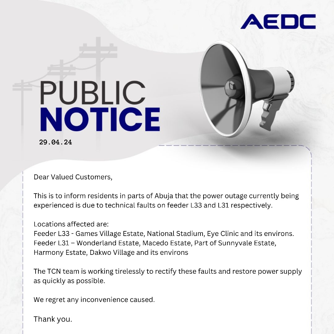 Dear Customers, This is for your information. #AEDC #Abujadisco #PowerofCommitment