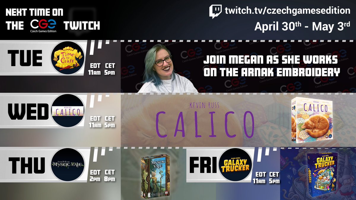This week on ➡️ twitch.tv/czechgamesedit…! TUE: Join Megan for a chill stream as she continues her Arnak embroidery. 🪡 WED: Attract cute cats with the most comfy quilts in a game of Calico. 🐈 THU: Let’s dive into the fantasy world of Mystic Vale! 🌿 FRI: It’s time to play some…