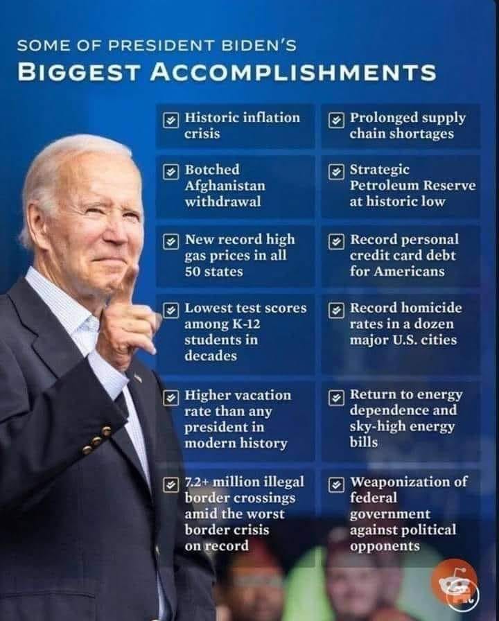 Biden has lots of ACCOMPLISHMENTS but Biden's accomplishments are destroying America inside out! Other than becoming a DICTATOR, what has Biden done for America? 2 wars, failing ecomony, crime is out-of-control, 7-11 million+ ILLEGALS (including Islamic & Chinese Terrorists,…