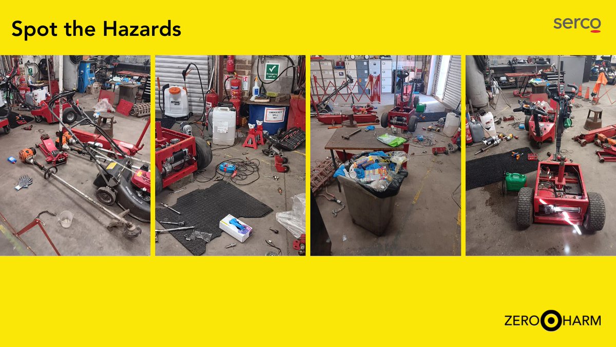 For #WorldSafetyDay our @wokingcouncil team set up a 'Spot the Hazards' area in the workshop. What hazards can you see in these photos?