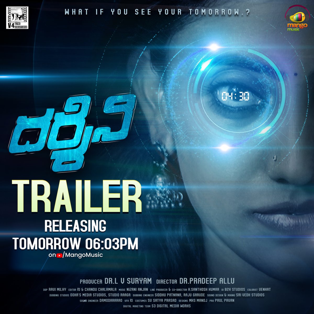 Brace yourselves, the intriguing #DarshiniTrailer drops tomorrow @ 6.03 PM🔥✨ #GKVikas #Shanthi #NizaniAnjan #DrPradeepAllu #DrLVSuryam #V4CineCreations #Darshini #Tollywood #MangoMusic