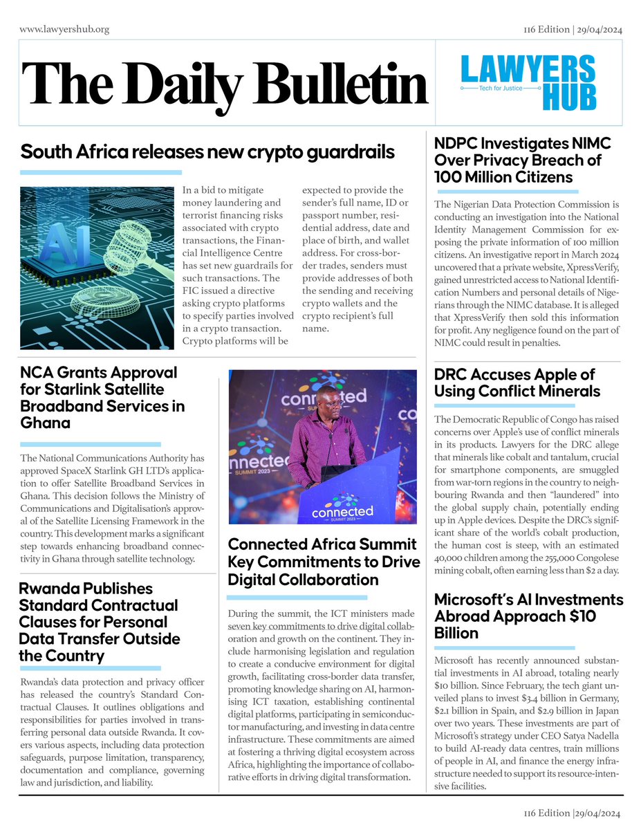 🌍Today’s top Africa #Law & #Tech news on our #DailyBulletin. 𝐷𝑜𝑛'𝑡 𝑓𝑜𝑟𝑔𝑒𝑡 𝑡𝑜 𝑠𝑢𝑏𝑠𝑐𝑟𝑖𝑏𝑒 𝑡𝑜 𝑜𝑢𝑟 𝑛𝑒𝑤𝑠𝑙𝑒𝑡𝑡𝑒𝑟 𝑓𝑜𝑟 𝑤𝑒𝑒𝑘𝑙𝑦 𝑢𝑝𝑑𝑎𝑡𝑒𝑠! 👉🏼 bit.ly/africalawtechr…