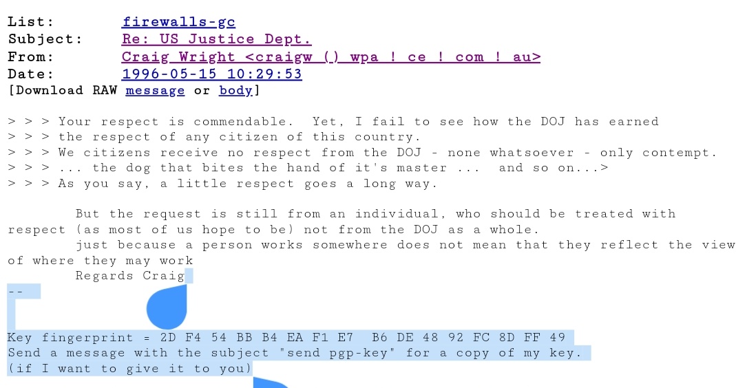 Oh, look at that. Craig has been playing with the PGP key since 1996.