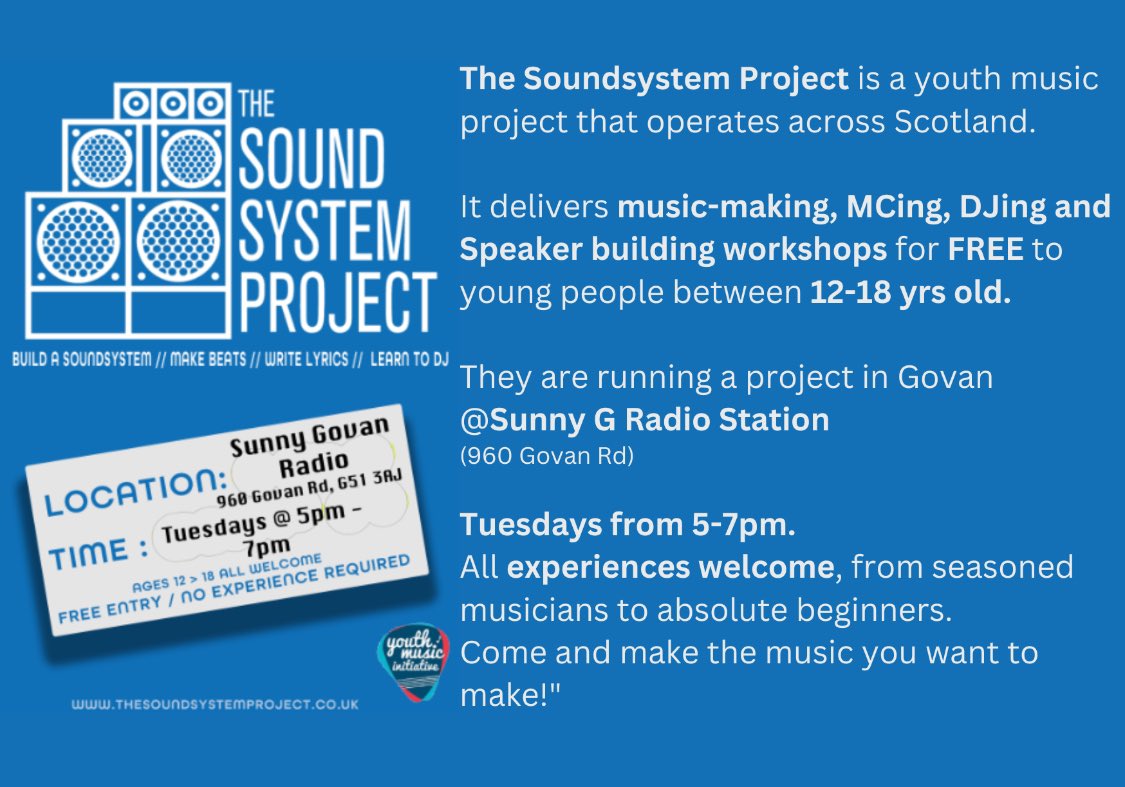 Thanks again to The Sound System Project for the taster sessions last week. Here is info for parents, carers and pupils. Tuesday evenings 5-7pm @SunnyGRadio @GovanHighSchool