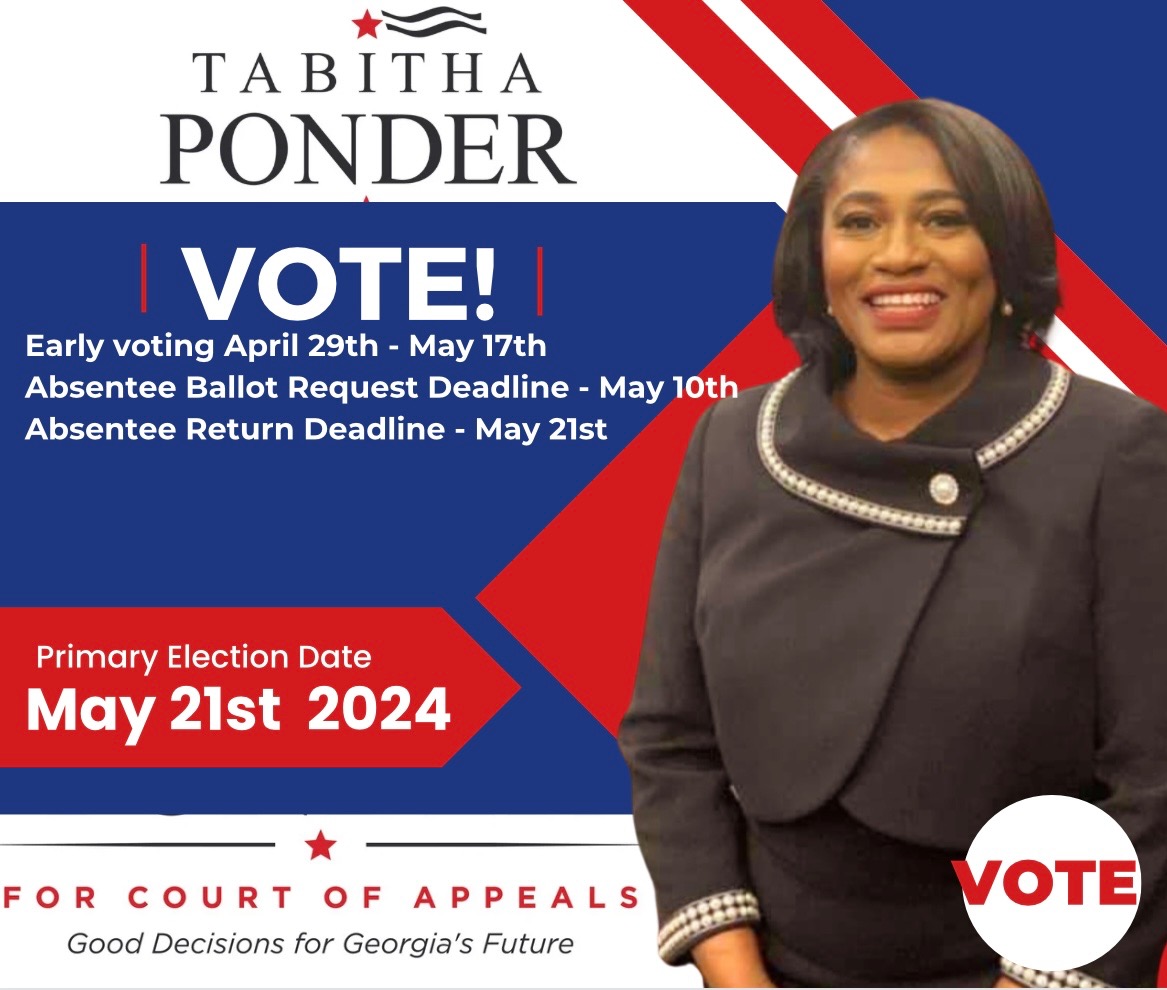 Today is the 1st day of early voting in Georgia! My fellow Mercer Law School alumni, Judge Tabitha Ponder, who is a native of Moultrie, GA, is running for the Georgia Court of Appeals. Judge Ponder is currently a part-time magistrate judge in Cobb County & a successful mediator.