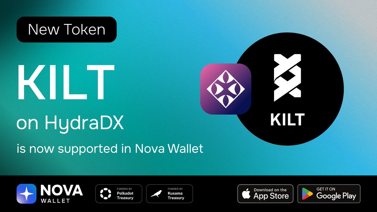 A new token on HydraDX is now supported in Nova Wallet! 🎉 You can now manage your KILT tokens on HydraDX in Nova Wallet! ✨ KILT tokens are also now available in Nova's Swap feature! 🔀 Download Nova Wallet! 🚀 novawallet.io