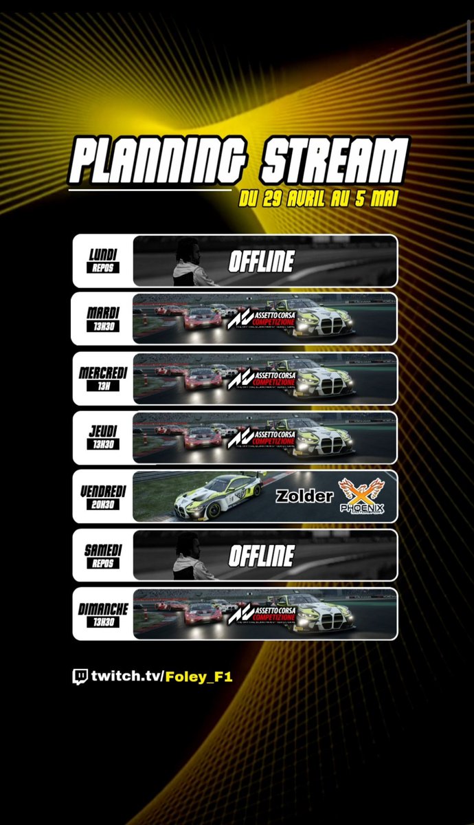 Foley_F1's tweet image. Le planning de la semaine les amis avec de la LFM mais aussi une belle course en perspective vendredi soir avant le début de la ligue la semaine prochaine !

#planning #acc