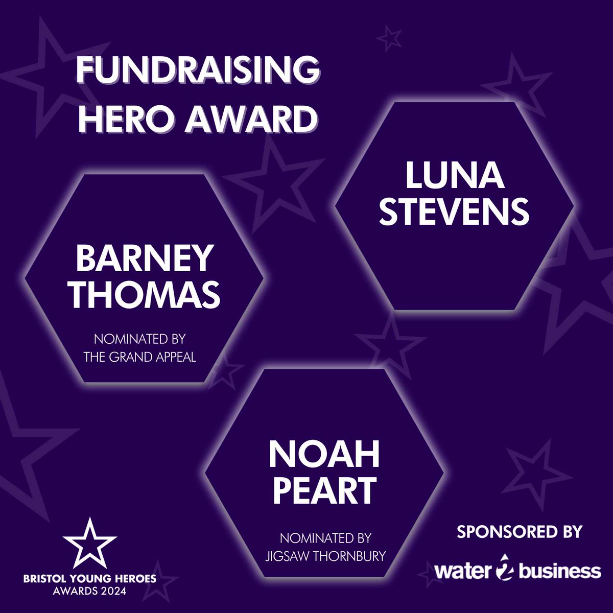 ✨Fundraising Hero Award✨ Congratulations to the finalists for the Fundraising Hero Award for the Bristol Young Hero Awards 2024! 🌟 Barney Thomas 🌟 Luna Stevens 🌟 Noah Peart Good luck 🤞 Thank you to @water2business for sponsoring the Fundraising Hero Award 🙏