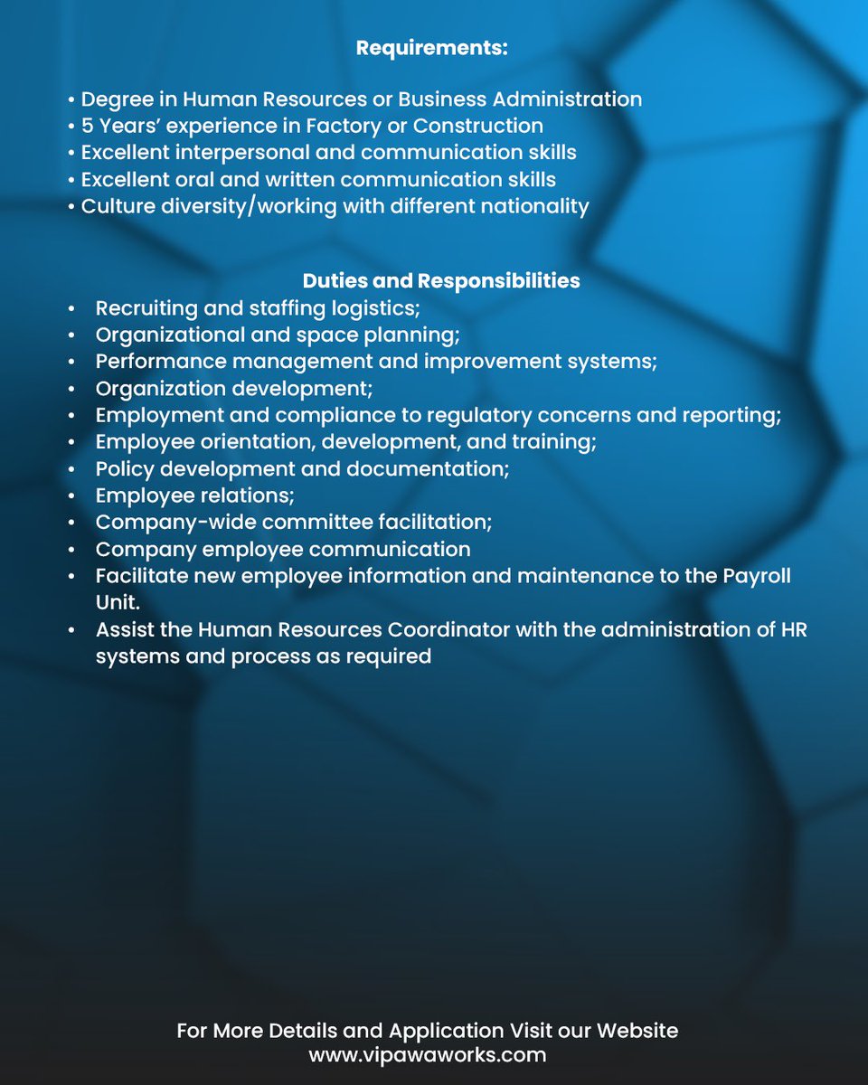 NOW HIRING: A 'HUMAN RESOURCES OFFICER'

Urgently needed a Human Resource Officer with skills and is a self-managed person. Are you the one? It's your time, Apply Now

🚨To apply: visit our website 👇

🌐 vipawaworks.com

#HR #Ajira #NipeDili #Jobs #wednesdayvibes