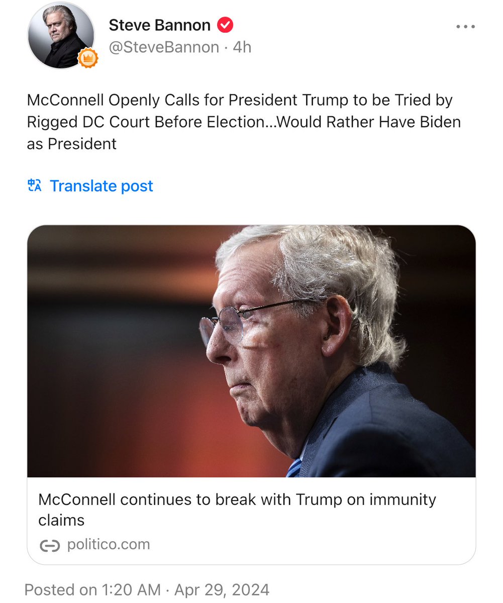 McConnell Openly Calls for President Trump to be Tried by Rigged DC Court Before Election…Would Rather Have Biden as President politico.com/news/2024/04/2…