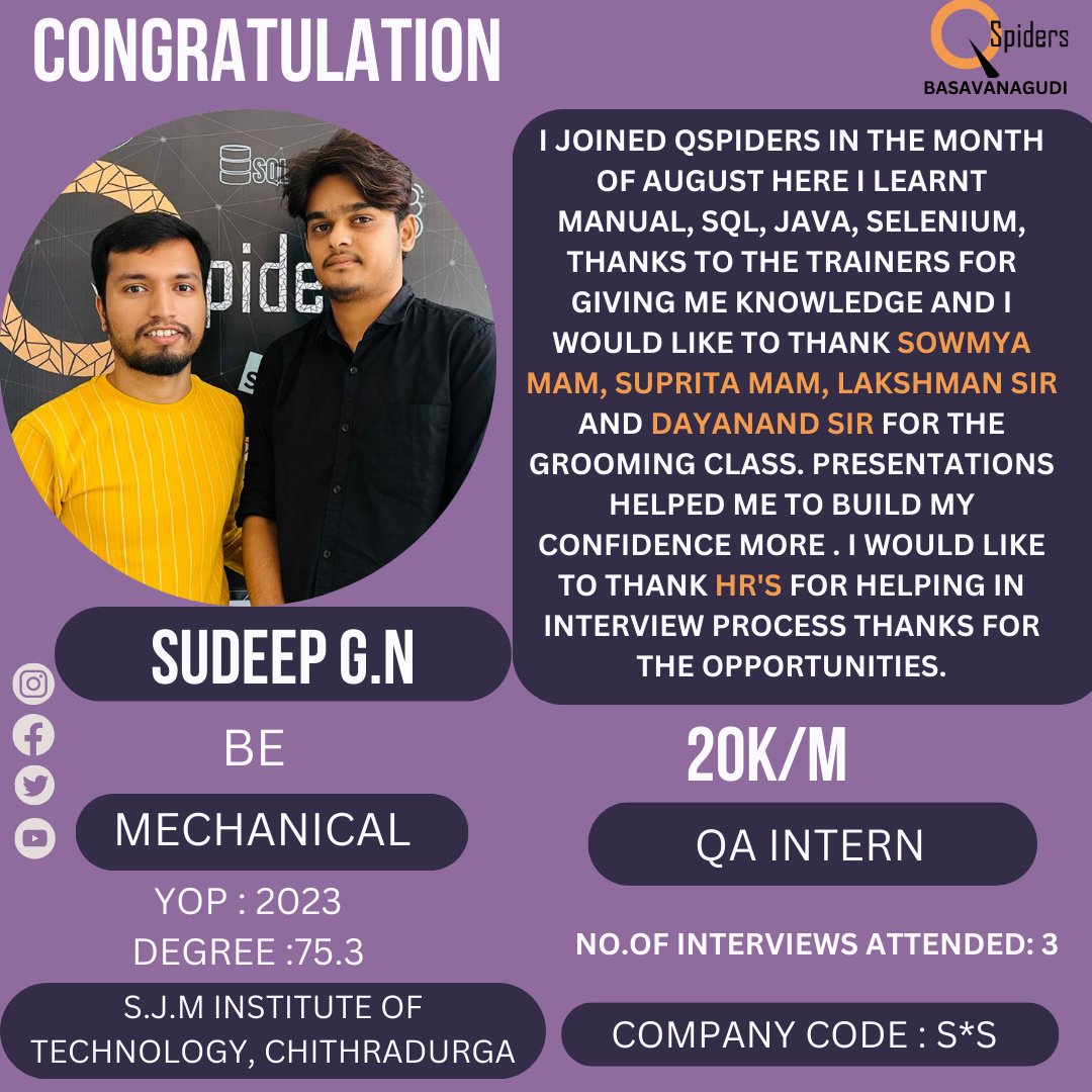 '🎉 Big shoutout to SUDEEP G.N on securing a fantastic placement!

🌟 Your hard work has paid off. Congratulations and best wishes for your future endeavors! 🚀✨

#CareerSuccess #NewBeginnings #Congratulations #JobPlacement #HardWorkPaysOff #qspidersbasavanagudi #qspiders