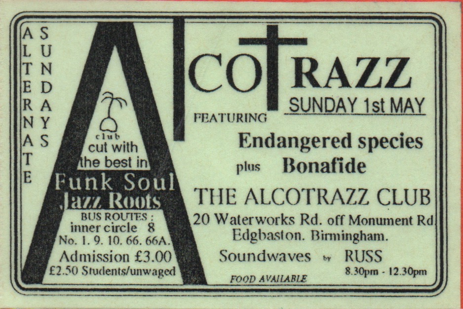 On this day: 1st May 1988 The Alcotrazz Club in Edgbaston was playing the best in funk, soul, jazz and roots, and ft Endangered Species and Bonafide. Archive credit: Gaelle Finley