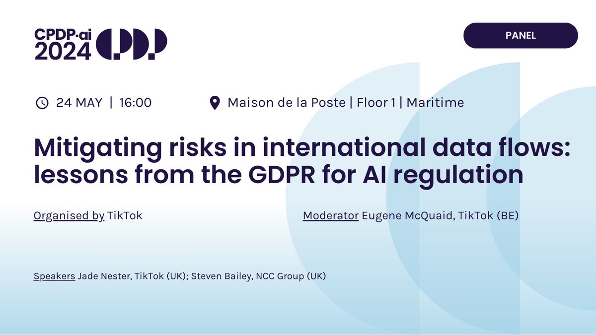 With European regulators' low risk appetite to data transfers, this panel will discuss how to maintain continuity of service whilst mitigating risk over current norms. Organised by @tiktok_us with Eugene McQuaid, @JadeNester @tiktok_us, @Op_Risk @NCCGroupplc #CPDPai2024