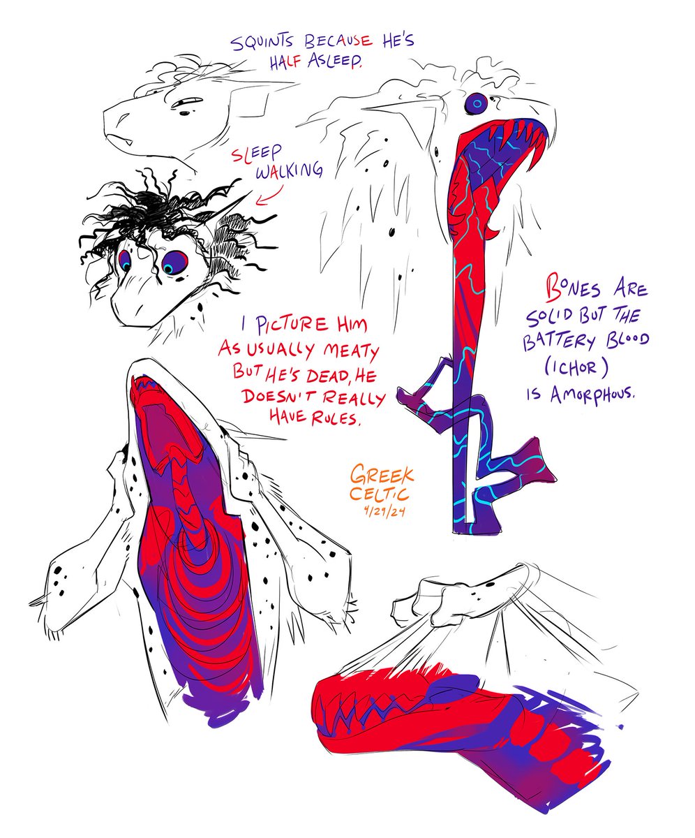 Most of this lore is Thema's. I wanted Worm to be a pelt Junior puts on to transform, but that wouldn't make sense because of the design's ties to Jacky's alt form. Answer: He's a dead guy who turns into electric blood jello, he can just take his skin off if he wants.