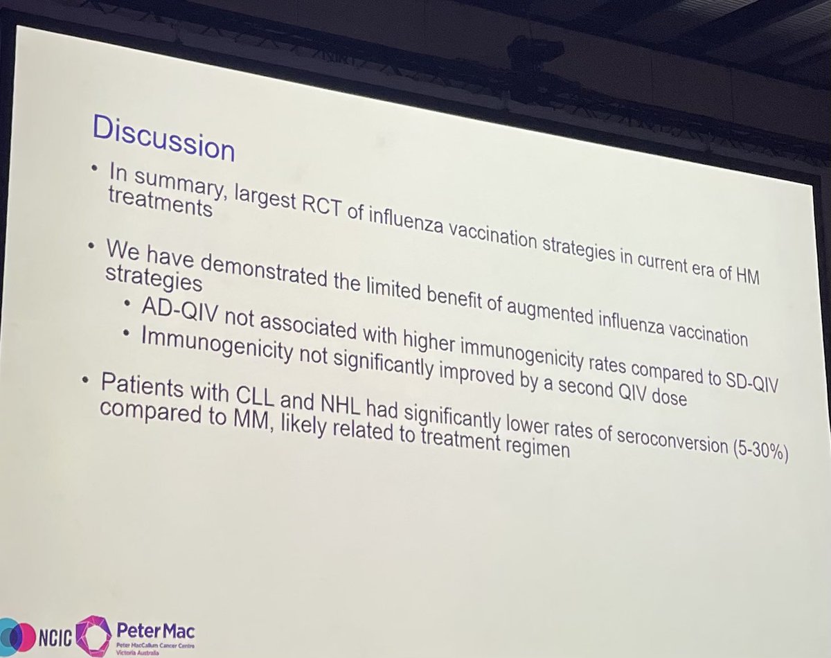 #ECCMID2024 Results from RCT of SD vs AD flu vaccine as a strategy for high-risk HM group by @victoriahall26 @NCICancer @benwteh showing no difference in primary outcome seroconversion but highlighting the CLL NHL groups as having poor responses in general. How to improve this?