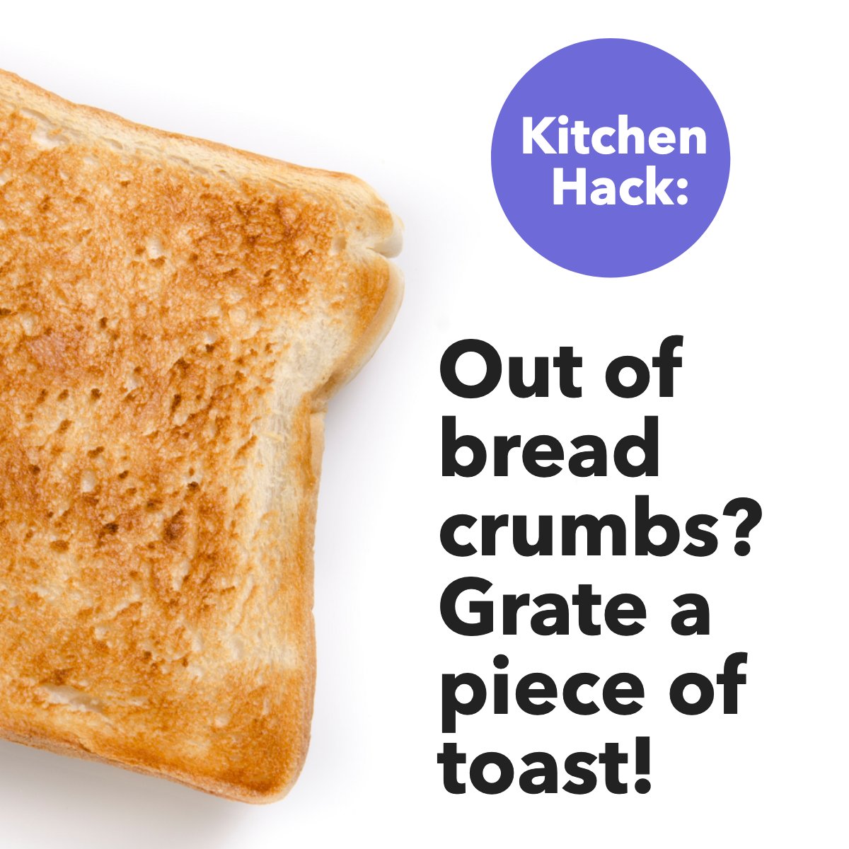 Ready for a simple kitchen hack? If you're out of bread crumbs 🍞 but you need some in a stitch, you can always grate a piece of toast 🍞 What's your favorite last-minute #lifehack? Share it below! #toast #bread #cooking #kitchen #kitchenhack #cookingtip